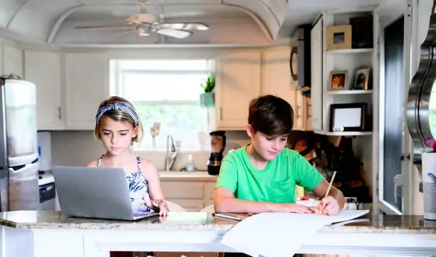Two cute elementary age kids use computers and notebooks to do homework or homeschool from their domestic home. They are  doing homeschool or maybe just practicing social distancing and communicating with friends. Family with siblings at home together using laptop to do work, child using technology at home in harmony
