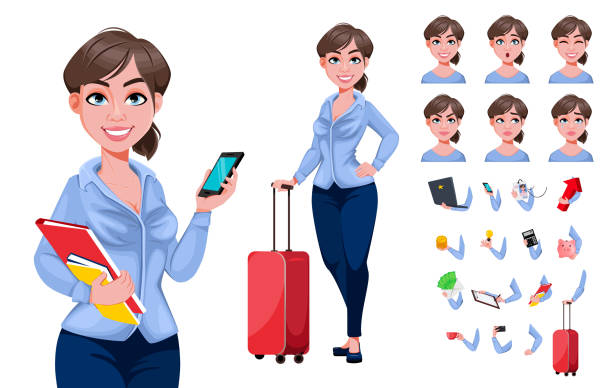 Young beautiful business woman cartoon character Young beautiful business woman cartoon character, pack of body parts, emotions and things. Set with pretty businesswoman. Vector illustration business casual fashion stock illustrations
