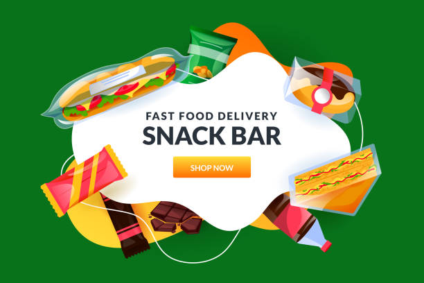 istock Snack bar white frame with sandwich in packet, packages of sweet candy and chocolate. Fast junk food vector background 1215786208