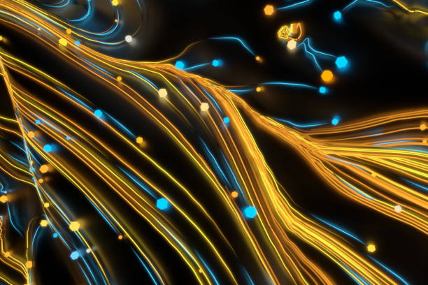 istock Neon glowing twisted cosmic lines on the glossy surface. Turbulence curls flow colorful motion. Fluid and smooth astronomy vortex swirl structure. 3d rendering Abstract creative modern background 1215786542
