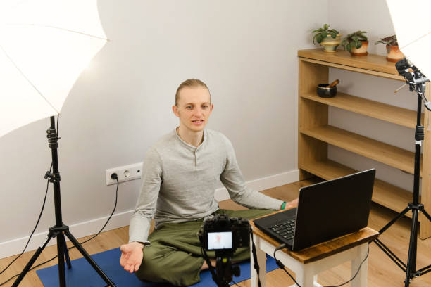istock Online yoga practice, webinar e-learning, teacher working at home 1215787986