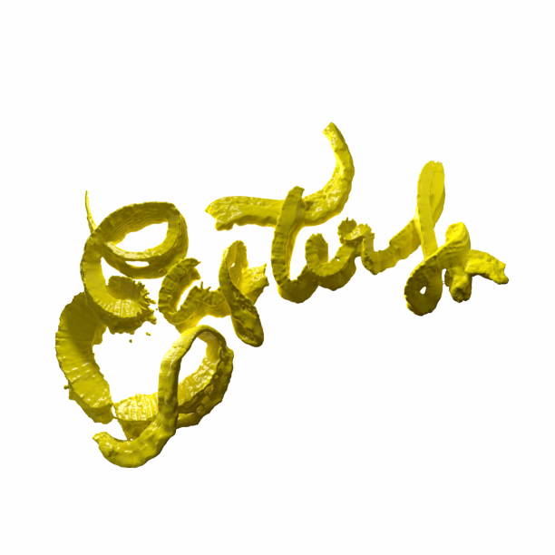 Happy Easter lettering made by juicy liquid yellow splash. Invitation realistic 3d illustration greeting card, ad, promotion, poster, flyer, web-banner, article, social media.