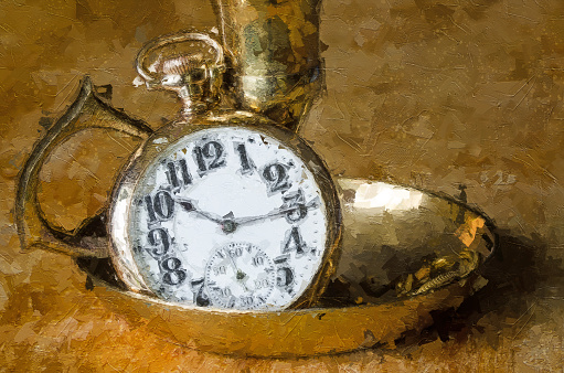 Impressionistic Style Artwork of a Vintage Golden Pocket Watch Resting in a Brass Candlestick Holder