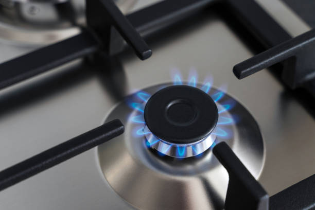 istock Closeup blue flame from a gas stove burner. Stainless steel kitchen surface with cast-iron grill. 1215789404