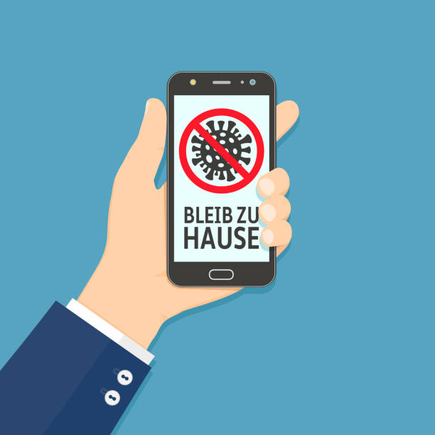istock Stay at home, Stay home on German language text on phone screen, flat style illustration. 1215793761