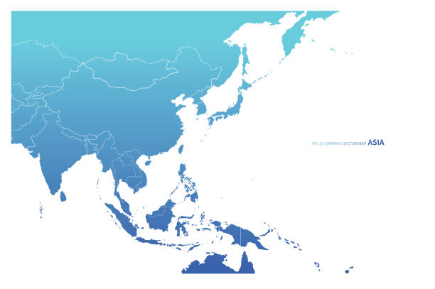 ilustraciones, imágenes clip art, dibujos animados e iconos de stock de asia países vectores. concepto azul asia mapa. - asia central