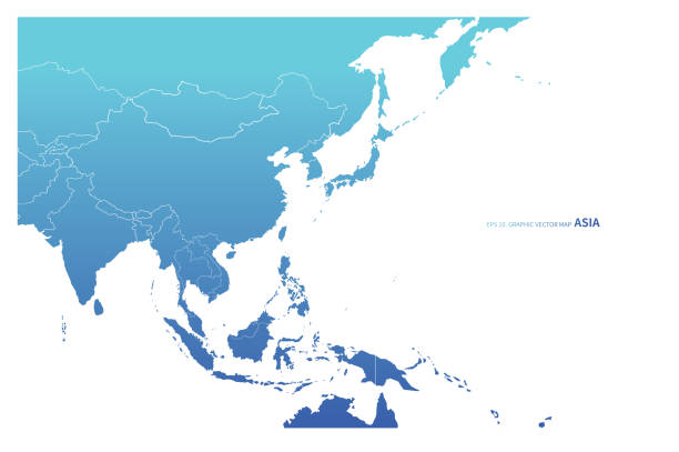 illustrations, cliparts, dessins animés et icônes de carte vectorielle des pays d’asie. carte bleue d’asie de concept. - pacific ocean illustrations