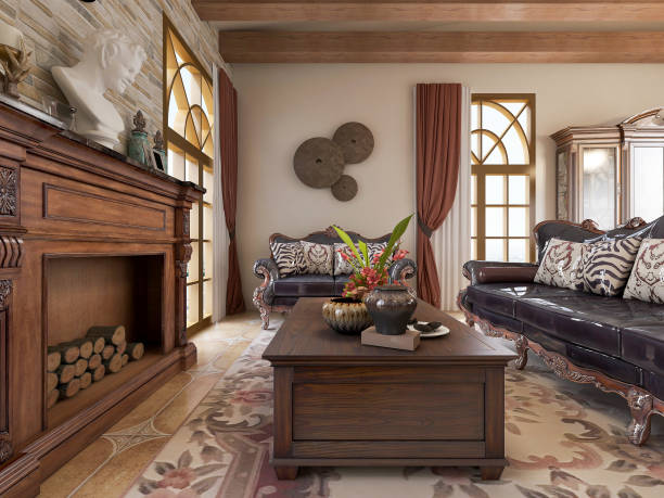 istock American style leaving he has a sofa and a fireplace next to it 1215800005