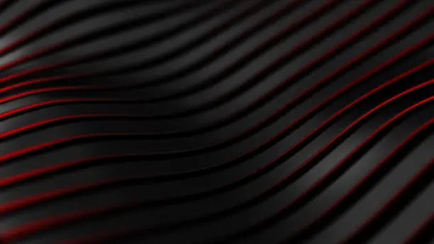 Photo of Black carbon fiber motion background. Technology wavy line with red glowing light 3d illustration.