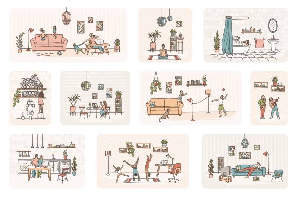 Staying at home - tiny people in quarantine Illustration of tiny people in self isolation, various activities to do at home, like meditation, cooking, home office, exercising etc. - Coronavirus pandemic 2020 cleaning drawings stock illustrations