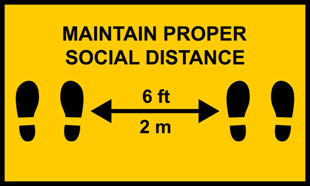 illustrations, cliparts, dessins animés et icônes de signe d’avertissement rappelant aux gens de garder une distance minimale de six pieds ou deux mètres entre eux.  mesures de santé publique à distance sociale pour prévenir la propagation des infections covid-19. - contamination meter