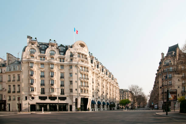 Paris : Lutetia palace and boulevard Raspail empty during pandemic Covid 19 in Europe. Lutetia palace and boulevard Raspail are empty during pandemic Covid 19 in Europe. There are no people and no cars because people must stay at home and be confine. Schools, restaurants, stores, museums... are closed. Paris, in France. March 28th, 2020. french flag stock pictures, royalty-free photos & images