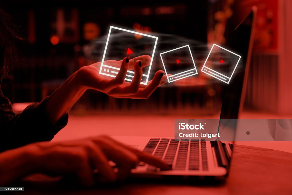 Video Marketing Concept Video Marketing Concept.Hand pressing transparent white button Home Video Camera Stock Photo