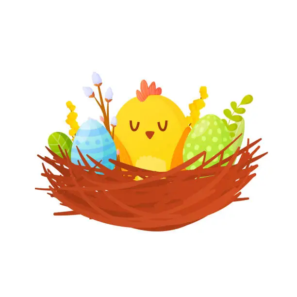 Vector illustration of Chicken and Easter painted eggs in a nest.