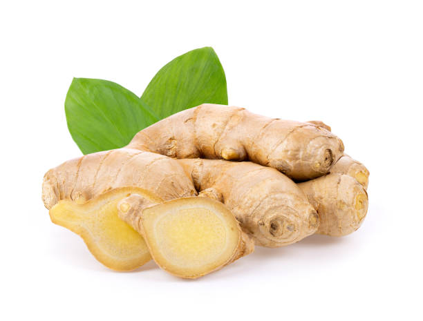 istock ginger with leaf isolated on white background. depth of field 1215818319