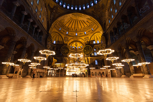 ISTANBUL / TURKEY - NOVEMBER 06 2012: Hagia Sophia (Hagia Sofia, Ayasofya) interior in Istanbul, Turkey, Byzantine architecture, city landmark and architectural world wonder.