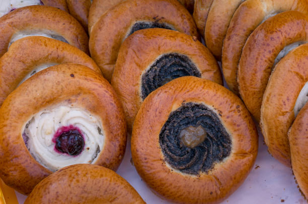 Cake dessert, traditional Czech Kolache  open pie with cottage cheese and poppy seeds. Pizza style pastry dessert