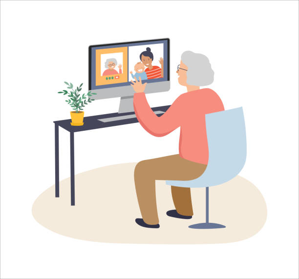 Elderly, old people, senior people at home, playing chess, chatting on computer with grandchildren, reading books, working out, learning languages. Vector illustration, cartoon set Elderly, old people, senior people at home, playing chess, chatting on computer with grandchildren, reading books, working out,, learning languages. Vector illustration, cartoon set - the 2020 coronavirus series family internet stock illustrations