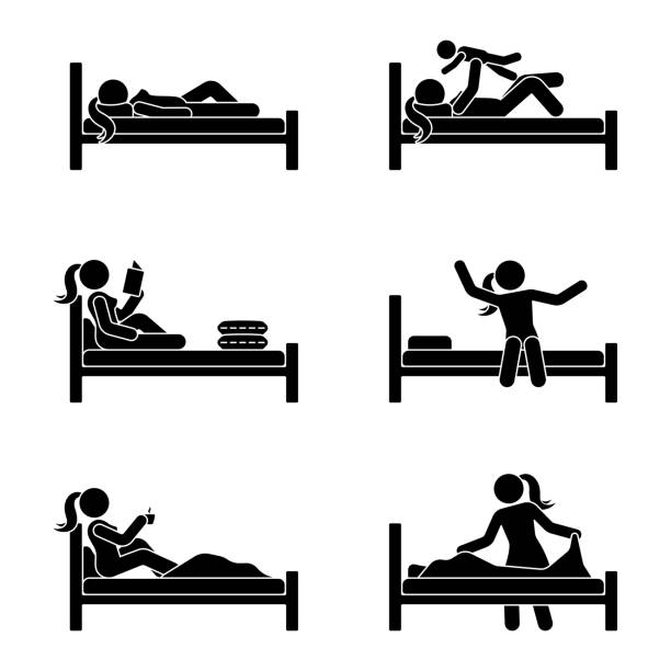 illustrazioni stock, clip art, cartoni animati e icone di tendenza di stick figura donna sdraiata a letto, libro di lettura, bere caffè, giocare con il bambino, allungare, fare letto illustrazione vettoriale pittogramma impostato su bianco - wake up stretching women black