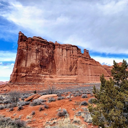 View of the Courthouse rock formation at the Arches National Park. Photo taken during trip to Utah in the winter of 2019.