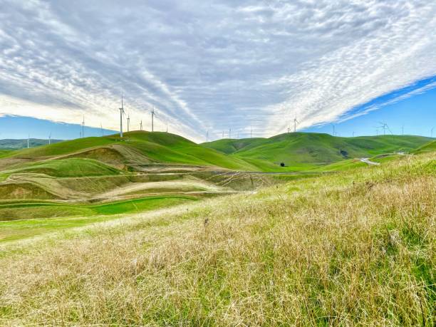 wiatraki na krajobrazie toczenia wzgórza - hill green california grass zdjęcia i obrazy z banku zdjęć