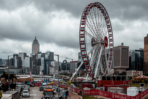The Hong Kong Observation Wheel at the New Central Harborfront, Central District on a cloudy day.