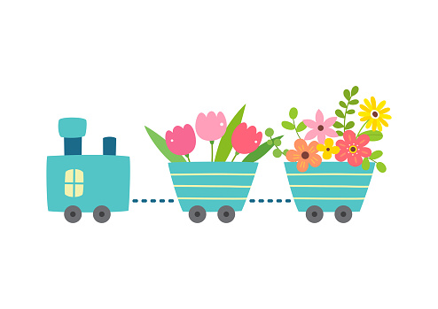 train,spring,flowers,plant,spring,season,nature,cute,design,element,icon,illustration,background