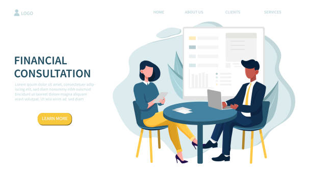 Financial consultation theme and people in meeting Illustrated financial consultation concept and people in meeting at table. Vector illustration financial advisor illustrations stock illustrations