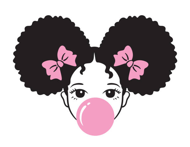 mädchen mit afro puff haar blasen bubble gum - haarzopf stock-grafiken, -clipart, -cartoons und -symbole