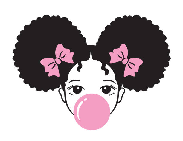 illustrations, cliparts, dessins animés et icônes de fille avec le gomme de bulle de souffle de souffle d’afro souffle - puffed