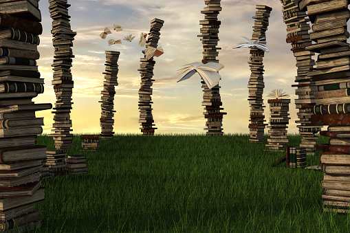 Tall piles of stacked books in a meadow, 3d render.