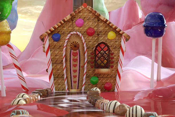 istock Magical Candy Land scene with a ginger bread house, 3d render. 1215834090