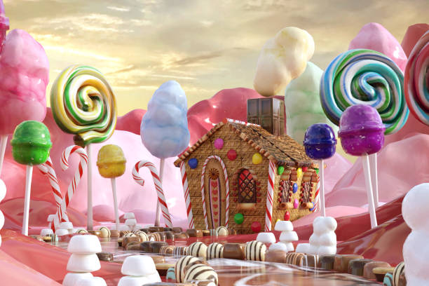 Magical Candy Land scene with a ginger bread house, 3d render. Magical Candy Land scene with a ginger bread house, 3d render. giant fictional character stock pictures, royalty-free photos & images