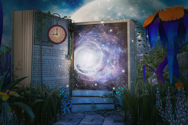 istock Magical open book on a strange planet with a portal, 3d render. 1215834123
