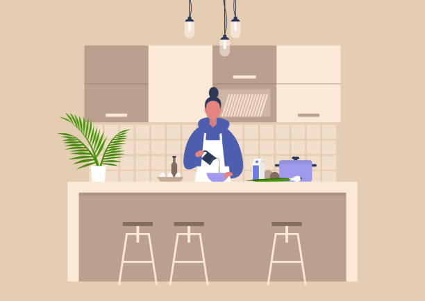 illustrazioni stock, clip art, cartoni animati e icone di tendenza di giovane personaggio femminile cucinare cibo a casa, stile di vita sano, blog culinario - kitchen