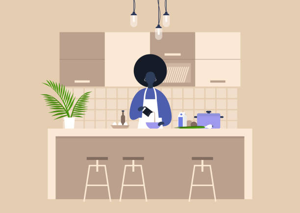 junge schwarze weibliche charakter kochen essen zu hause, gesunder lebensstil, kulinarische blog - back seat illustrations stock-grafiken, -clipart, -cartoons und -symbole
