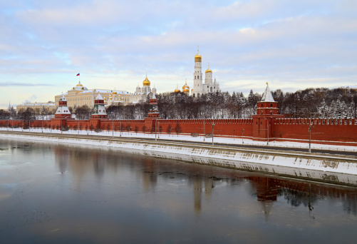 Kremlin embankment on River Moscow. On background Grand Kremlin palace, Church Of The Kremlin.