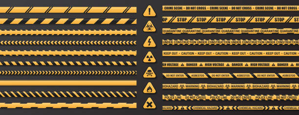 ilustraciones, imágenes clip art, dibujos animados e iconos de stock de señales de advertencia y conjunto de cintas de precaución sin fisuras - toxic waste vector biohazard symbol skull and crossbones