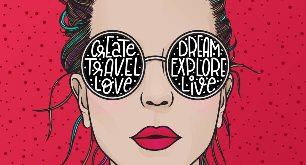 Lifestyle A hand drawn portrait of a beautiful young woman with sunglasses. Her dreams and aspirations written in her glasses. EPS10 vector illustration, global colors, easy to modify. red spectacles stock illustrations