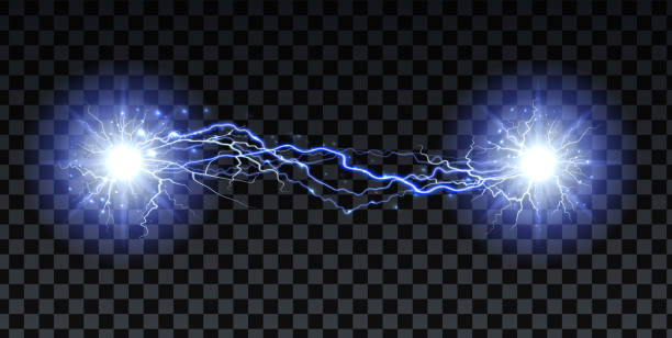 istock Lightning strikes and sparks, electrical energy on transparent background. Lightning flash and spark. Vector neural cells system. 1215837293