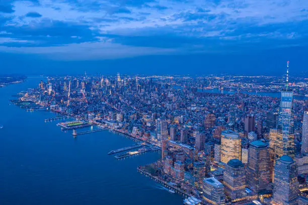 Photo of Aerial photograph of New York with the Hudson Rivers at Sunset, Manhattan financial District