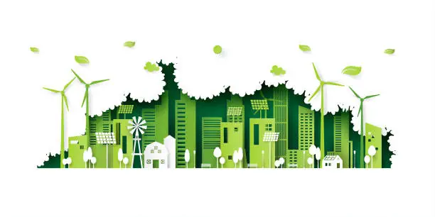 Vector illustration of Ecology concept with green eco city on nature background.