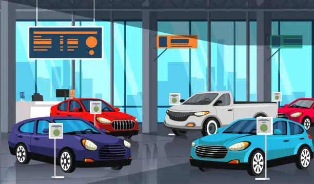 Vector illustration of Car showroom center with autos exhibition inside