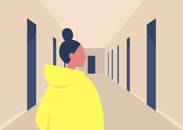 Young female character standing in a corridor, empty building hall with doors Young female character standing in a corridor, empty building hall with doors lecture hall illustrations stock illustrations