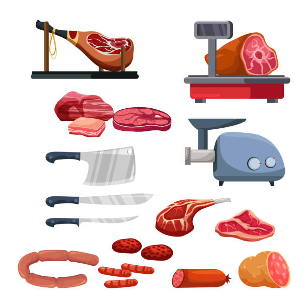 Meat cuts assortment and steel knives set on white Meat cuts assortment and steel knives set isolated on white. Cartoon raw and cooked food. Trade and sale market design. Butchery. Meat-grinder and scales. Beef, pork, lamb. Vector illustration roasted prime rib illustrations stock illustrations