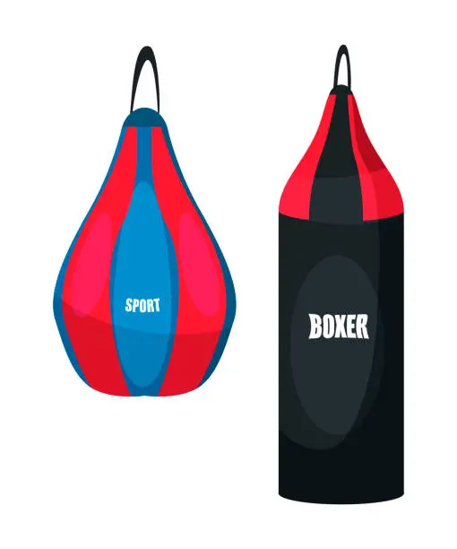 Vector illustration of Punching bag illustration. Professional equipment for boxer training vector drawing. Fitness club, gym. Boxing workout, sports exercising, practice. Leather hanging heavy bag clipart.