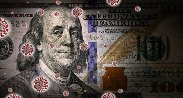 Financial and economic difficulties in pandemic time Conceptual financial crisis image of old American one hundred dollar bill and Covid-19 virus. Covid-19 virus illustration downloaded from CDC than layered and manipulated. for more information please visit Centers for Disease Control and Prevention web site: https://www.cdc.gov/media/subtopic/images.htm money shortage stock pictures, royalty-free photos & images