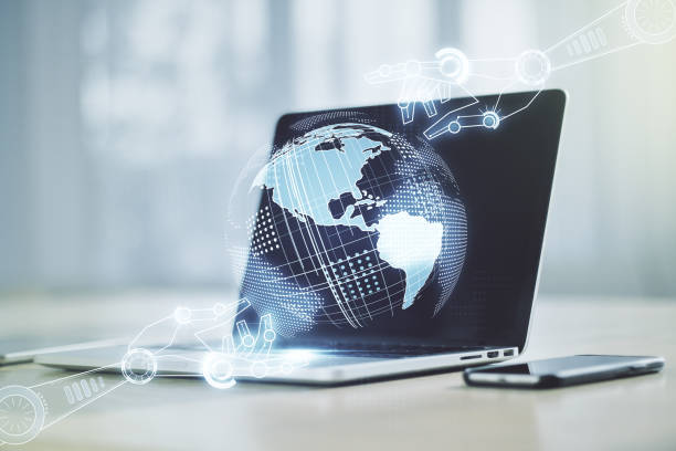 istock Creative abstract robotics technology sketch with globe on modern laptop background, future technology and AI concept. Double exposure 1215844912
