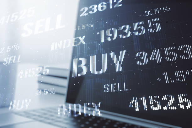 istock Abstract creative financial graph on modern laptop background, financial and trading concept. Multiexposure 1215845238