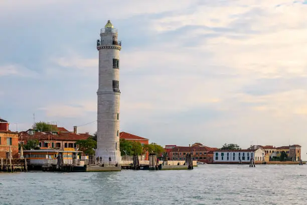 Photo of Historic active Murano Lighthouse located on the famous island of Murano in the Venetian Lagoon, Venice, Italy